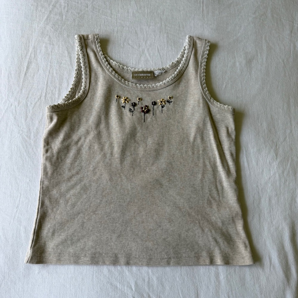 Y2K Lizwear Tan Floral Embroidered Beaded Lace Trim Tank Top Boho Indie Sleeze M - Picture 5 of 9
